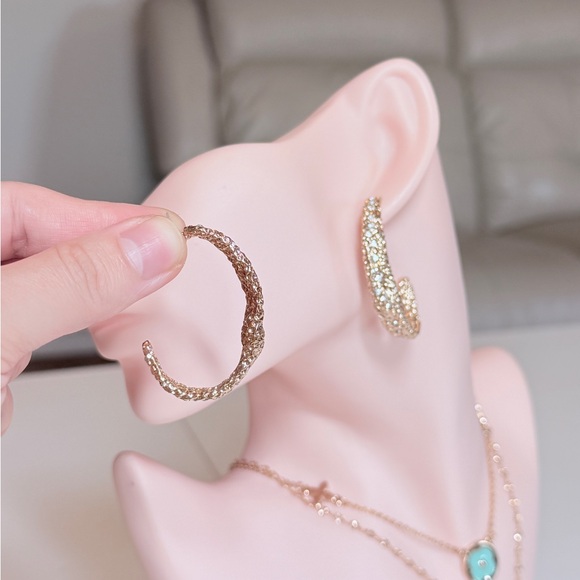 Gold Crystal Pavé Textured Earrings - Elegant Women's Jewelry - Picture 4 of 9